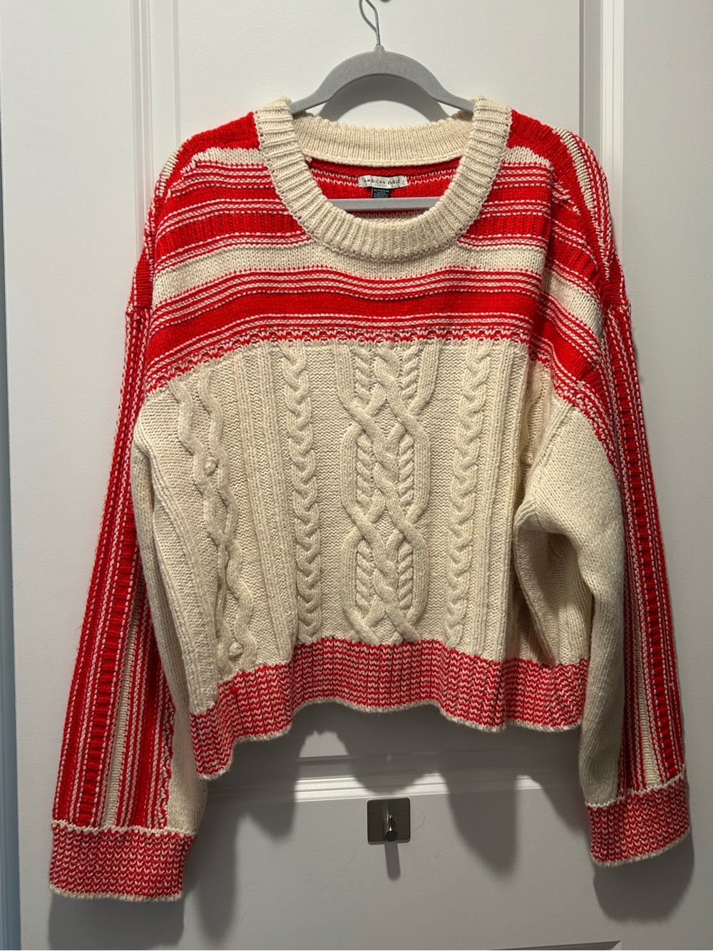 American Eagle Snow Stopper Sweater Red Cream Cable Knit Pullover XL